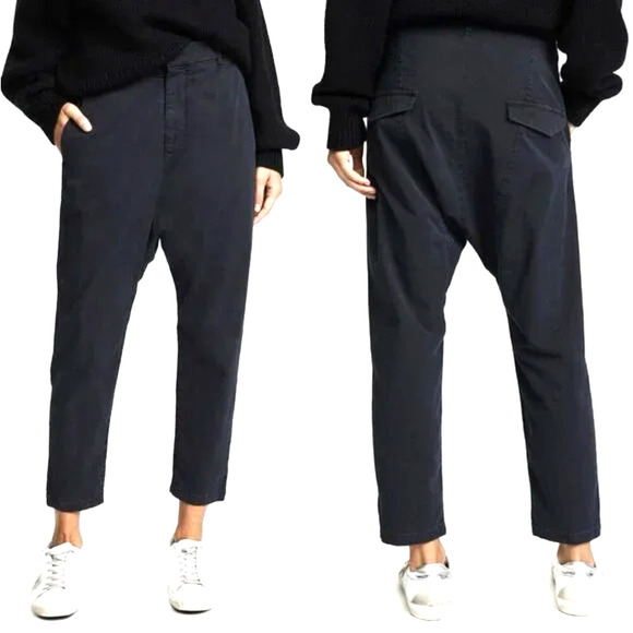 Nili Lotan 6 Slouchy Paris Pants Cotton Drop Crotch Crop Chic Washed Black Blue - Picture 1 of 9